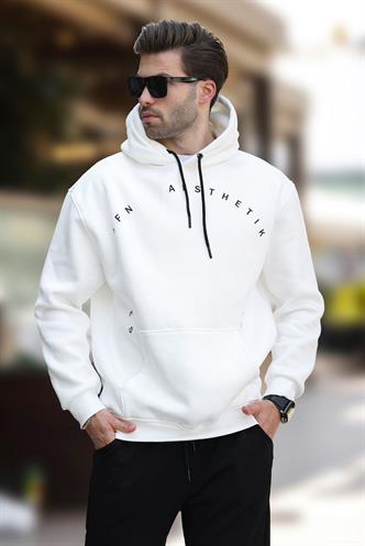 Ekru Kapüşonlu Cep Detaylı Nakışlı Erkek Sweatshirt 7054