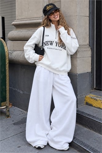 Ekru Yarım Fermuarlı Baskılı Sweatshirt MG2240