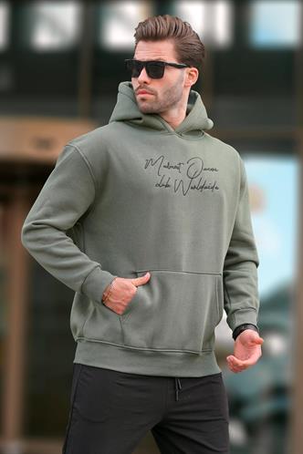 Haki Kapüşonlu Cep Detaylı Baskılı Erkek Sweatshirt 7064