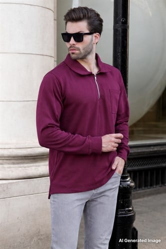 Çağla Yeşili Polo Yaka Fermuarlı Uzun Kollu Erkek Sweatshirt 7057
