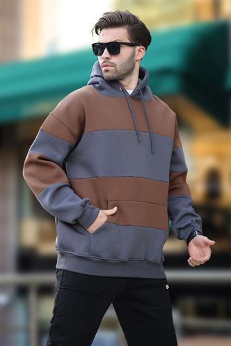 Füme Kapüşonlu Renk Bloklu Cep Detaylı Erkek Sweatshirt 7044