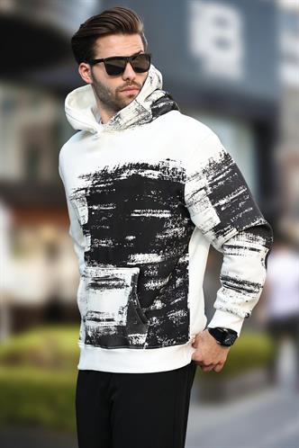 Ekru Kapüşonlu Desenli Cep Detaylı Erkek Sweatshirt 7059