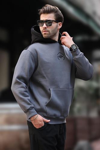 Füme Kapüşonlu Renk Bloklu Nakış Detaylı Erkek Sweatshirt 7088