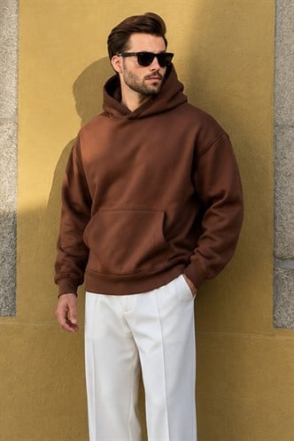 Kahverengi Kapüşonlu Kanguru Cep Erkek Sweatshirt E7169