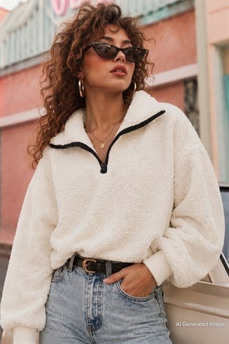Beyaz  Peluş Fermuar Yaka Sweatshirt MG1413