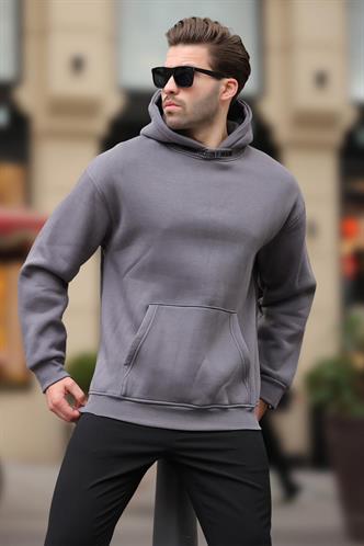 Füme Kapüşonlu Nakış Detaylı Sweatshirt 7099