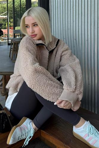 Bej Peluş Fermuar Yaka Sweatshirt MG1413