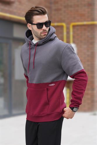 Füme Kapüşonlu Renk Bloklu Baskı Detaylı Erkek Sweatshirt 7046