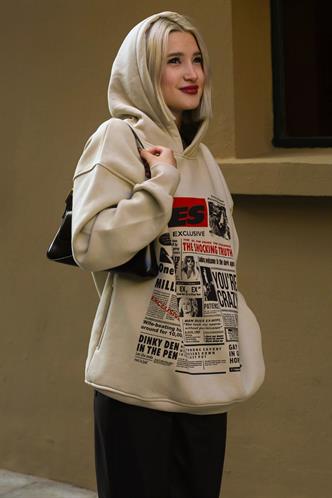 Beige Printed Oversize Hoodie Sweatshirt MG1581