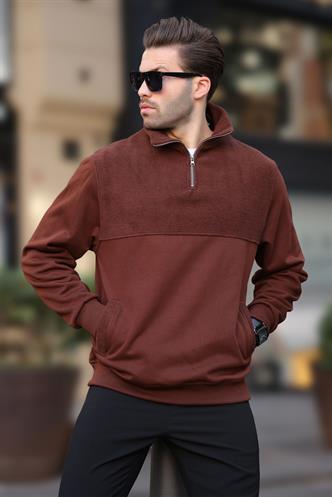 Acı Kahverengi Dik Yaka Yarım Fermuarlı Polar Sweatshirt 7096