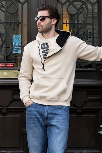 Madmext Bej Fermuar Detaylı Kapüşonlu Sweatshirt 1767