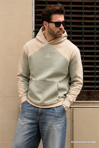 Bej Kapüşonlu Cep Detaylı Nakışlı Sweatshirt E7085