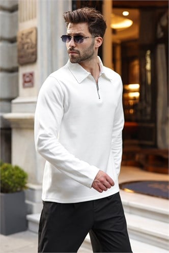 Ekru Yarım Fermuarlı Polo Yaka Dokulu Erkek Sweatshırt E7197