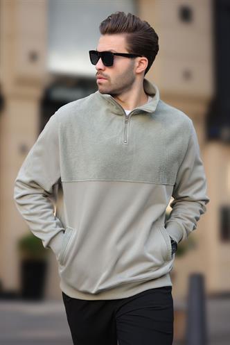 Çağla Yeşili Dik Yaka Yarım Fermuarlı Polar Sweatshirt 7096