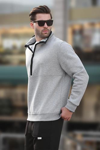 Gri Dik Yaka Yarım Fermuarlı Sweatshirt 7079