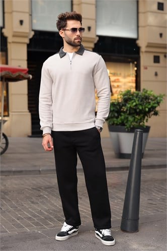 Boyalı Gri Şerit Detaylı Polo Yaka Erkek Sweatshirt E7212  