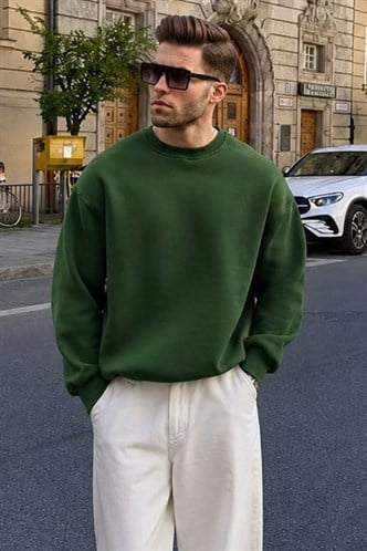 Haki Bisiklet Yaka Oversize Şardonlu Basic Erkek Sweatshirt 6048