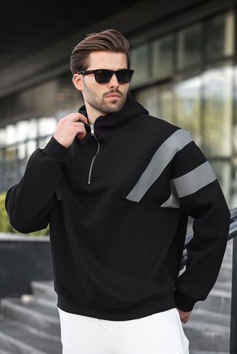 Siyah Fermuarlı Yaka Kapüşonlu Erkek Sweatshirt E7161