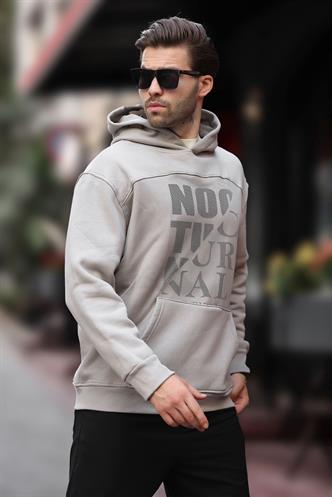 Boyalı Gri Baskılı Kapüşonlu Cep Detaylı Erkek Sweatshirt 7062