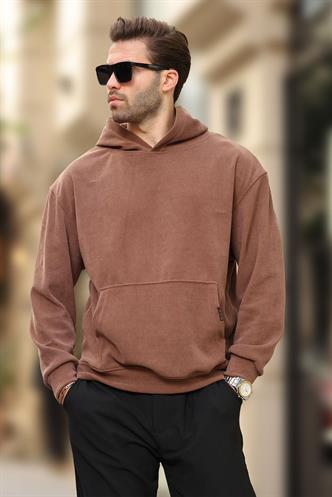 Kahverengi Kapüşonlu Cep Detaylı Dokulu Sweatshirt E7101