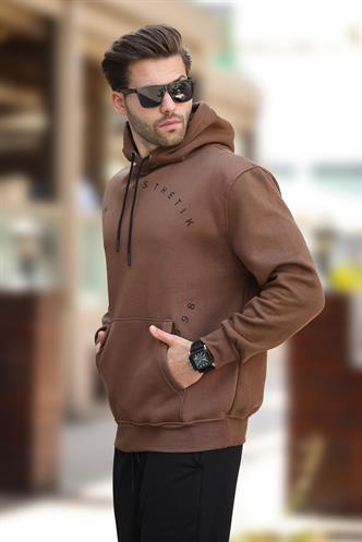 Kahverengi Kapüşonlu Cep Detaylı Nakışlı Erkek Sweatshirt 7054
