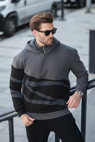 Füme Kapüşonlu Fermuar Yaka Desenli Erkek Sweatshirt E7162