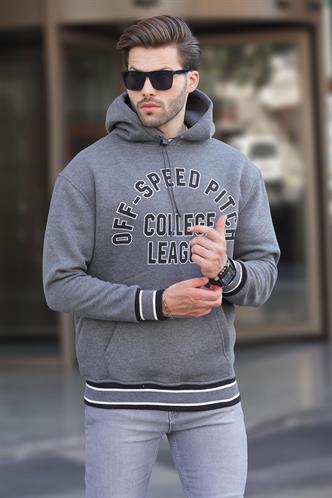 Antrasit Kapüşonlu Cep Detaylı Baskılı Erkek Sweatshirt 7068