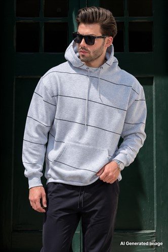 Karmelanj Kapüşonlu Cep Detaylı Çizgili Erkek Sweatshirt 7063