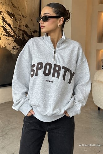 Karmelanj Yarım Fermuarlı Baskılı Sweatshirt MG2212