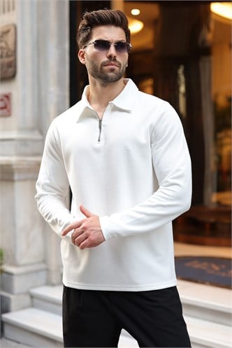 Ekru Yarım Fermuarlı Polo Yaka Dokulu Erkek Sweatshırt E7197