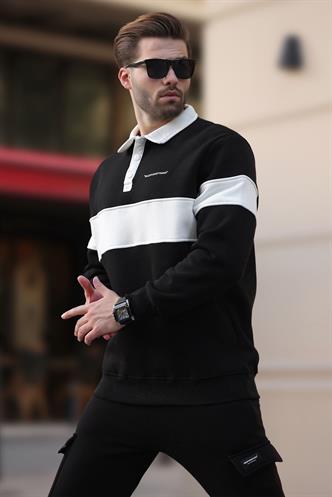 Siyah Düğme Yaka Renk Bloklu Erkek Sweatshirt 7072