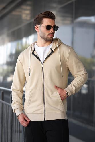 Bej Fermuarlı Kapüşonlu Sweatshirt 6161