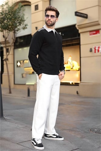 Siyah Şerit Detaylı Polo Yaka Erkek Sweatshirt E7212  