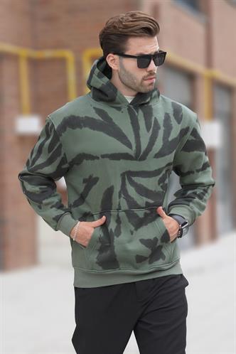 Haki Kapüşonlu Cep Detaylı Baskılı Erkek Sweatshirt 7087