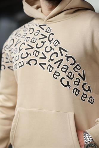 Bej Baskılı Kapüşonlu Erkek Sweatshirt E7160