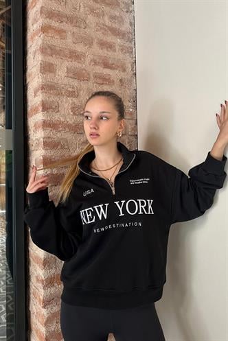 Siyah Yarım Fermuarlı Baskılı Sweatshirt MG2212