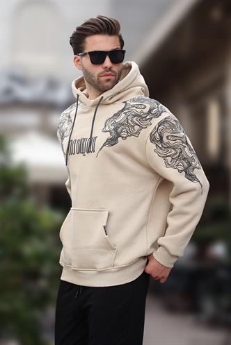 Bej Kapüşonlu Cep Detaylı Baskılı Erkek Sweatshirt 7052