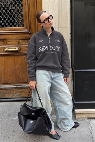 Füme Yarım Fermuarlı Baskılı Sweatshirt MG2240