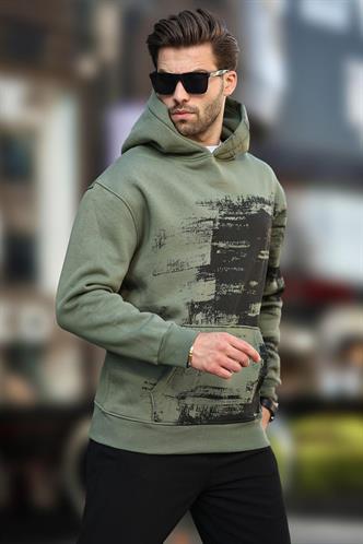 Haki Kapüşonlu Desenli Cep Detaylı Erkek Sweatshirt 7059