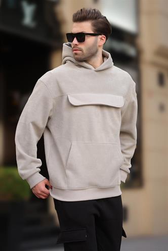 Boyalı Gri Kapüşonlu Kapaklı Cep Detaylı Polar Erkek Sweatshirt 7097