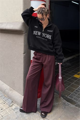 Siyah Yarım Fermuarlı Baskılı Sweatshirt MG2240