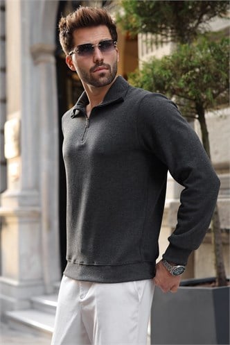 Antrasit Dik Yaka Yarım Fermuarlı Erkek Sweatshirt E7211