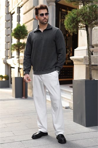 Antrasit Dik Yaka Yarım Fermuarlı Erkek Sweatshirt E7211