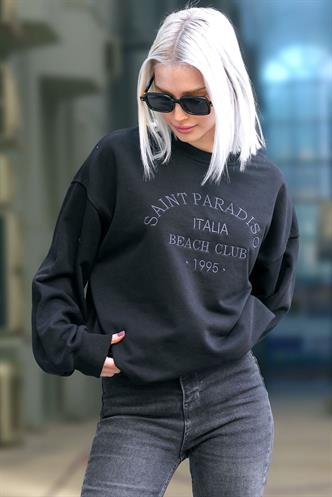 Siyah Bisiklet Yaka Baskılı Sweatshirt MG1924
