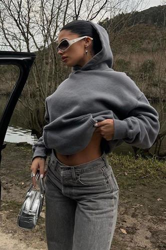 Füme Kapüşonlu Şardonlu Oversize Cepli Sweatshirt MG2206