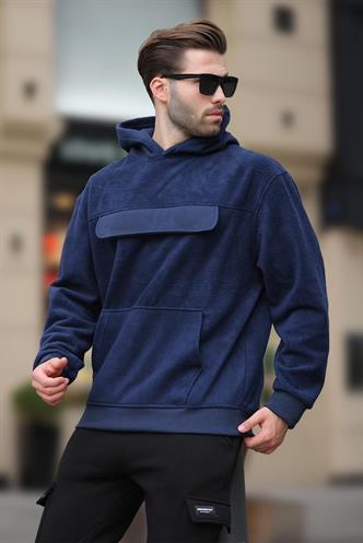 Lacivert Kapüşonlu Kapaklı Cep Detaylı Polar Erkek Sweatshirt 7097