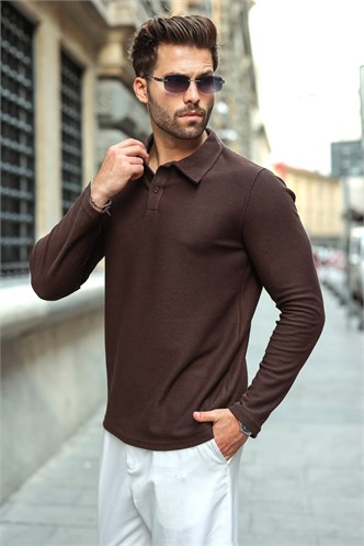 Acı Kahve Gömlek Yaka Dokulu Regular Fit Erkek Sweatshirt E7203