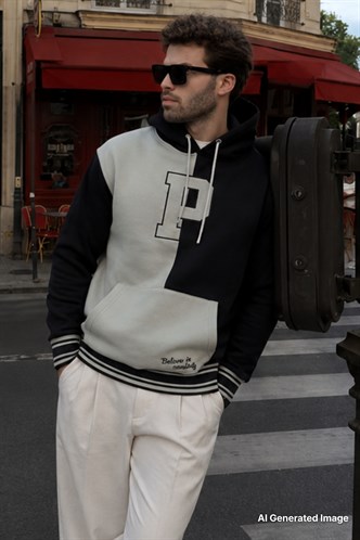 Siyah Renk Bloklu Kapüşonlu Baskılı Erkek Sweatshirt 7078