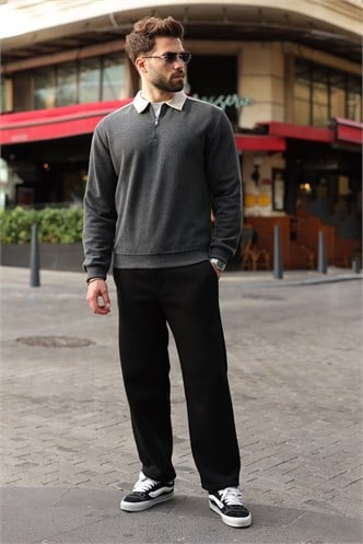 Antrasit Şerit Detaylı Polo Yaka Erkek Sweatshirt E7212  