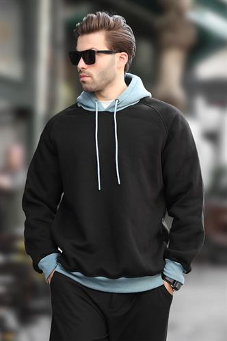 Siyah Renk Bloklu Kapüşonlu Sweatshirt 7073